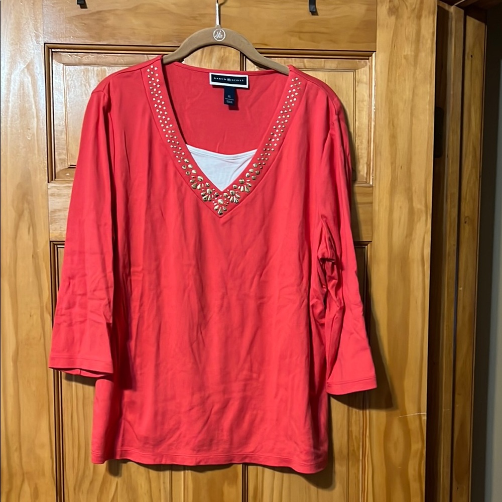 Karen Scott Women's Coral Top with Embellished Neckline